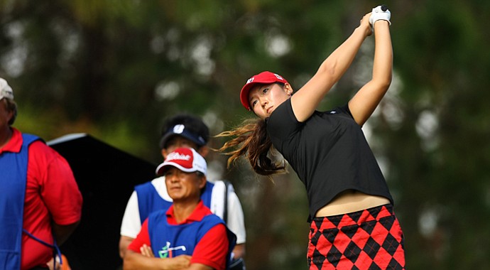 Rebecca Lee-Bentham hits her tee shot at No. 9 during the final round of LPGA Q-School.