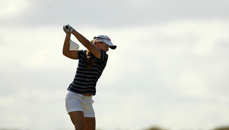 Austin Ernst hits her tee shot at No. 18 during the final round of LPGA Q-School. Ernst earned her LPGA Tour card.