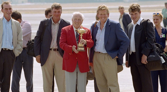 Jaime Ortiz-Patino (center), owner of the Valderrama Golf Course, holds the Ryder Cup trophy with Colin Montgomerie and Lee Westwood of Team Europe as the teams arrive to contest the 32nd Ryder Cup in 1997.