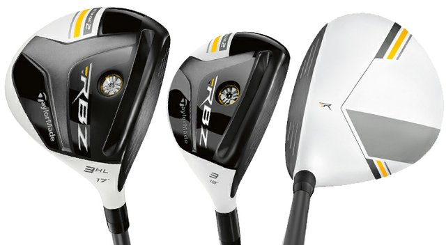 The TaylorMade Rocketballz Stage 2 fairway wood (left), rescue wood (center)