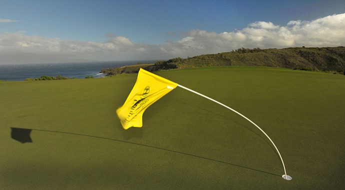 The pin flag on the 11th green bends in the wind before the replay of the first round of the Hyundai Tournament of Champions at Plantation Course.