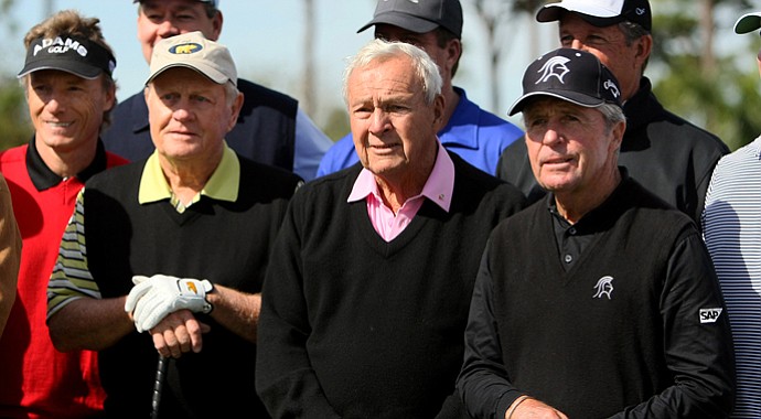 Legends, Jack Nicklaus, Arnold Palmer and Gary Player gather with a larger group for a picture prior to the Devon Quigley Pro-Am at the Floridian.