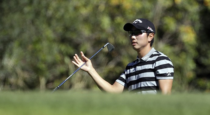 Sang-Moon Bae after his approach shot to the fifth green in the second round of the Northern Trust Open at Riviera Country Club in the Pacific Palisades area of Los Angeles Friday, Feb. 15, 2013.
