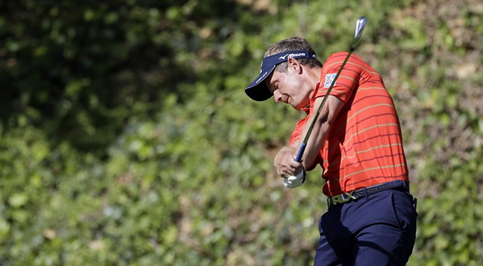 Luke Donald drives on the sixth tee in the second round of the Northern Trust Open at Riviera Country Club in the Pacific Palisades area of Los Angeles Friday, Feb. 15, 2013.
