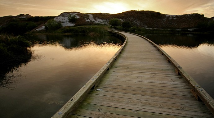 The walking bridge to No. 7 Blue at Streamsong Golf Course.