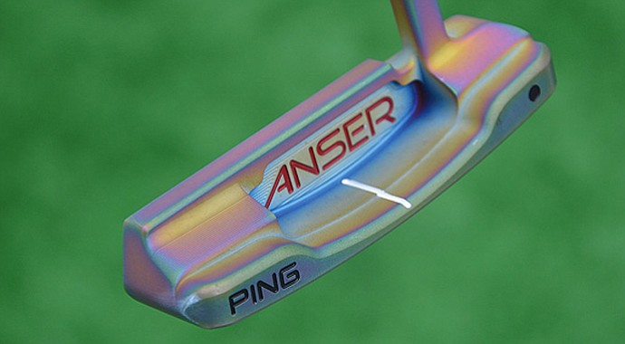 Bubba Watson’s Ping Forged Anser putter has a unique finish that gives it purple and pink tones.