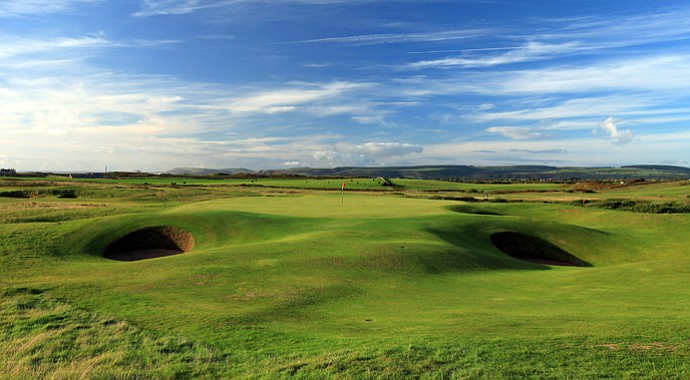 The green on the par-3, 149-yard 14th hole at The Royal Porthcawl Golf Club.