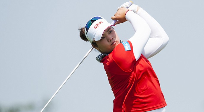 Ariya Jutanugarn tees off on the 6th hole during the fourth round of the Mission Hills World Ladies Championship at Mission Hills' Blackstone Course.