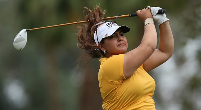 Lizette Salas hits her tee shot on the third hole during the final round of the Kraft Nabisco.