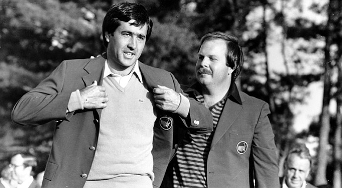 Seve Ballesteros gets his Green Jacket after winning the 1983 Masters.