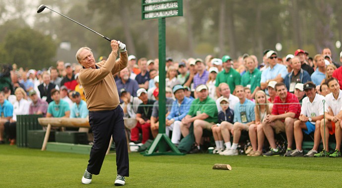 Honorary starter Jack Nicklaus tees off to start the first round of the 2013 Masters.