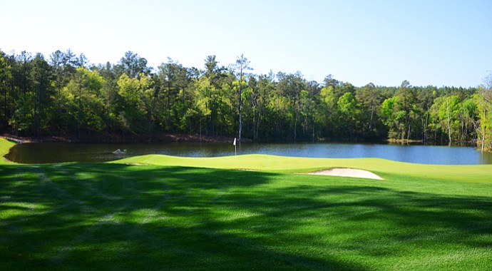 The 17th green is new at Sage Valley, moving back to bring the water into play on the right. This is a look from the back-left side of the green.