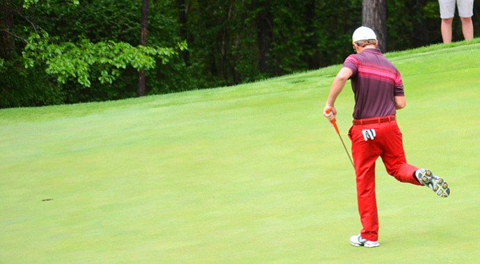 Sam Horsfield, who shot a 1-under 71 to take a two-shot lead into the final round, celebrates his birdie on the par-4 14th hole at Sage Valley on Saturday.