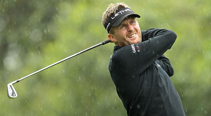 David Lynn hits his tee shot on the sixth hole during the final round of the Wells Fargo Championship.