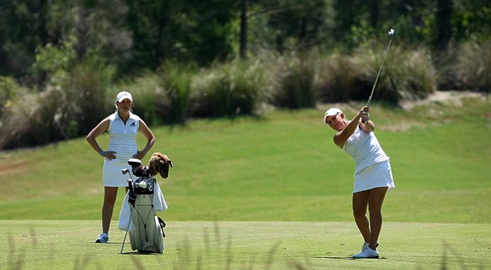 Coastal Carolina head coach Katie Quinney with Kaitlin Higginbotham during the 2011 NCAA East Regional. The Chanticleers advanced to the national championship as a No. 17 seed at regionals.