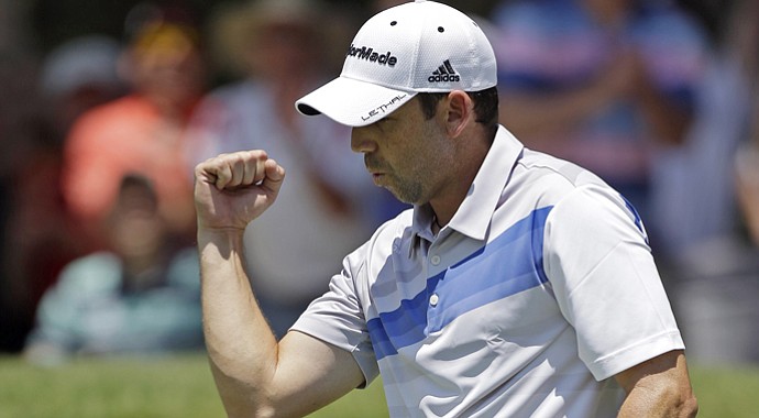 Sergio Garcia pumps his fist after making birdie on the eighth green during the second round of The Players Championship.