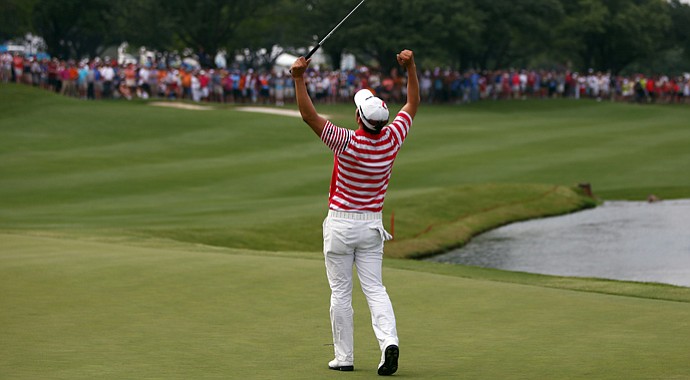 Sang-Moon Bae celebrates after winning th HP Byron Nelson Championship at the TPC Four Seasons Resort on Sunday.