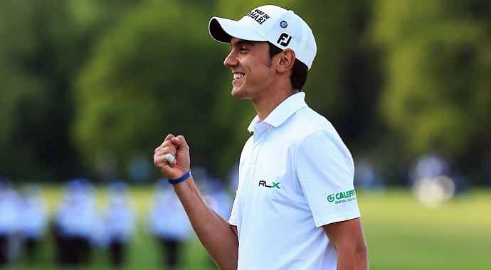 Matteo Manassero celebrates his victory after the fourth playoff hole at the BMW PGA Championship.