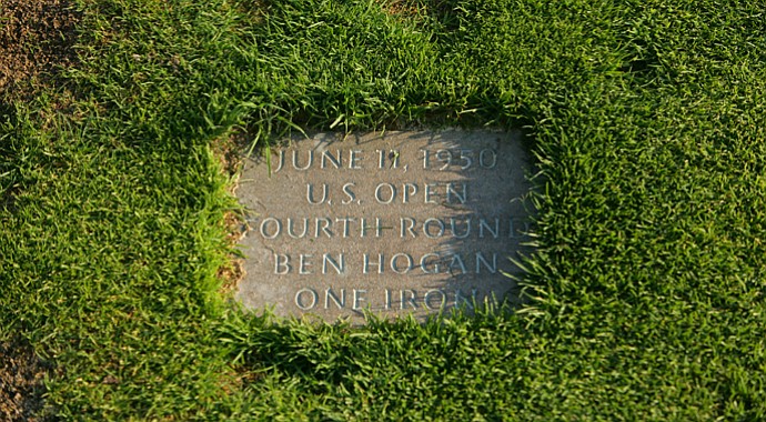 The plaque that remembers the unforgettable 1-iron approach shot that Ben Hogan hit to the par-4 18th hole at Merion to win the 1953 U.S. Open.