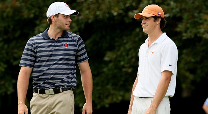 Illinois' Alex Burge talks with Cody Gribble of Texas on the first tee during the quarterfinals of match play at the 2013 NCAA Championship at Capital City Club Crabapple Course. Burge defeated Gribble, 3 and 2.