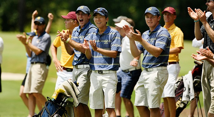 California's Max Homa, Michael Kim and Michael Weaver cheer on Brandon Hagy as he hits his second shot to four feet at No. 18 during the quarterfinals of match play at the 2013 NCAA Championship at Capital City Club Crabapple Course.