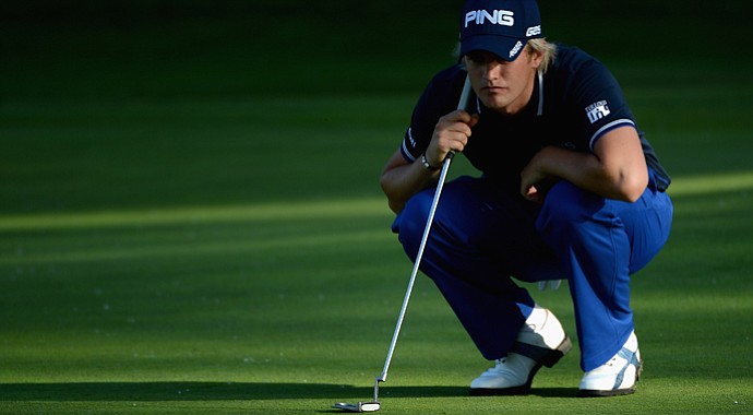 Tom Lewis lines up a putt on the ninth green during the first round of the Lyoness Open.