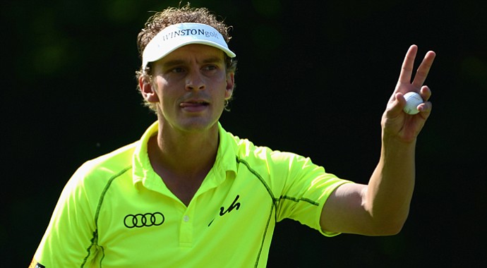 Joost Luiten acknowledges the crowd on the 18th green during the third round of the Lyoness Open.