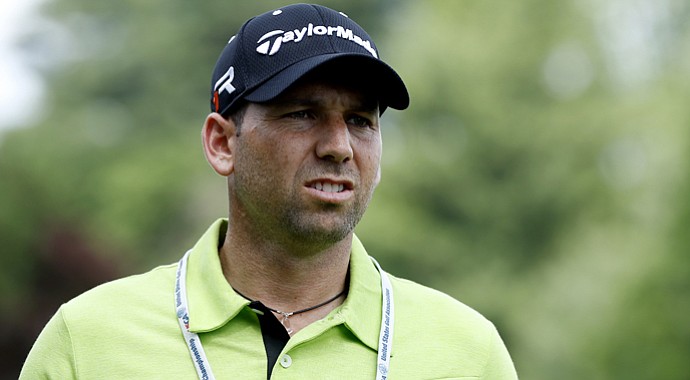 Sergio Garcia looks on during a practice round prior to the start of the 113th U.S. Open at Merion Golf Club.