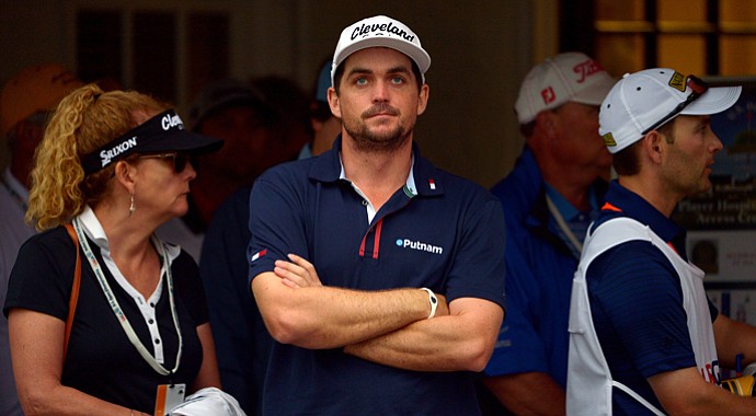 Keegan Bradley waits at the clubhouse while play is suspended due to weather during the first round of the U.S. Open at Merion Golf Club.