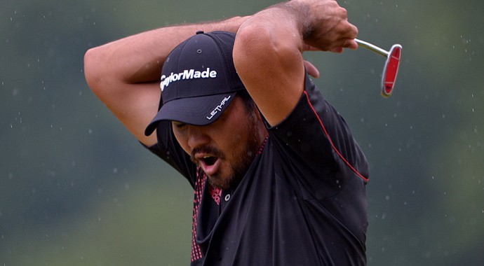 Jason Day reacts to his missed putt for birdie on the 15th hole during the final round of the U.S. Open at Merion Golf Club.
