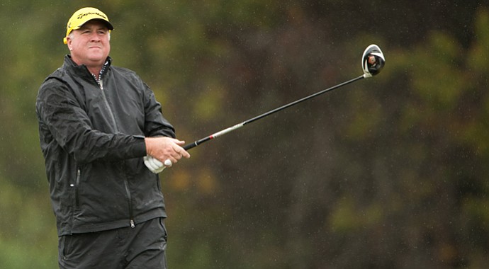 Chip Sullivan watches his shot on the second hole during the second round of the 46th PGA Professional National Championship at Meadows Course at Sunriver Resort in Sunriver, Oregon.