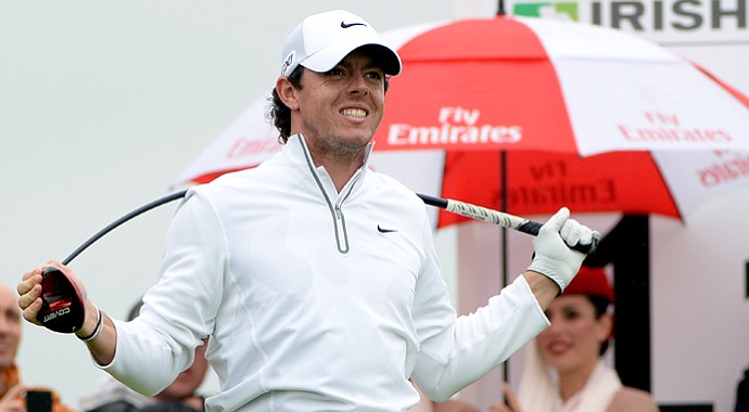 Rory McIlroy bends his driver after his tee shot on the 11th tee during the second round of the Irish Open.