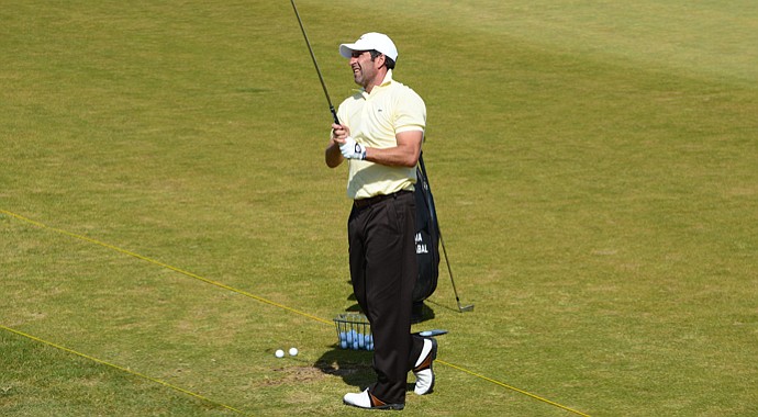 Jose Maria Olazabal hits on the range at Castle Stuart ahead of this week's Scottish Open.