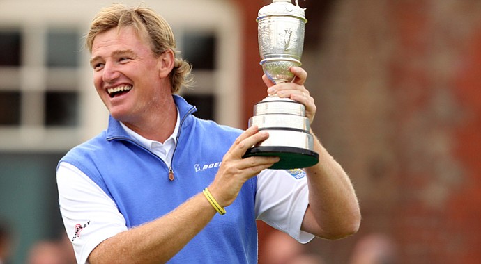 Ernie Els holds the Claret Jug, 'The Golf Champion Trophy' after winning the 2012 Open Championship at Royal Lytham and St. Annes.