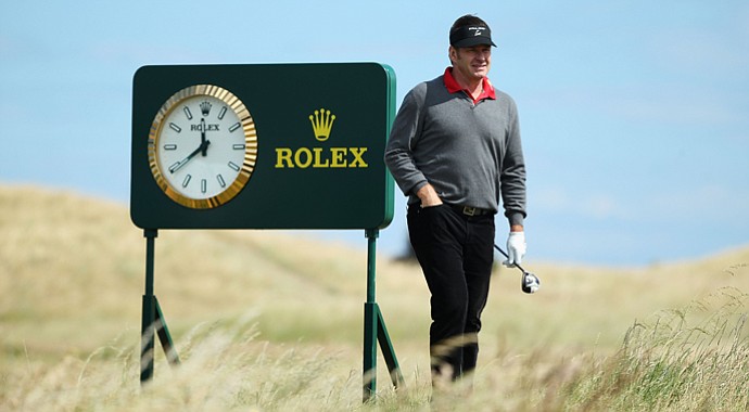 Sir Nick Faldo plays a practice round ahead of the 2013 Open Championship at Muirfield.