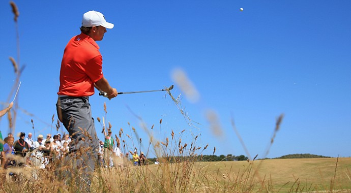 Jordan Spieth hits out of the rough on the 15th during the second round of the 142nd Open Championship at Muirfield.