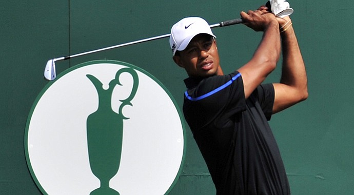 Tiger Woods studies the fairway from the first tee during the third round of the 2013 Open Championship at Muirfield.