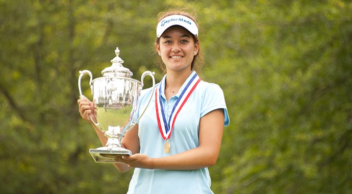 Gabriella Then poses with the U.S. Girls' Junior trophy. Then defeated Lakareber Abe, 2 and 1, in the 36-hole final.