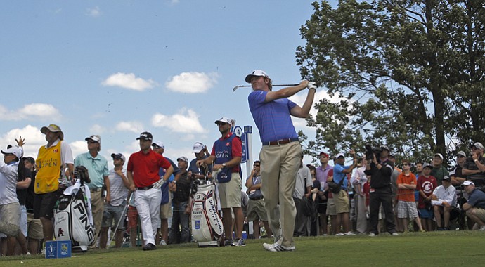 Brandt Snedeker hits his tee shot on the fourth hole during the final round of the RBC Canadian Open at Glen Abby Golf Club.