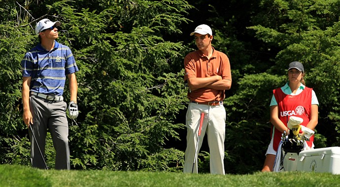 Brandon Hagy, left, and Scottie Scheffler, right, wait for the wind at No. 13 during the Round of 32 at the 2013 U. S. Amateur at The Country Club. Scheffler defeated Hagy in 20 holes.