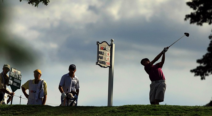 Matthew Fitzpatrick hits his tee shot at No. 14 during the Round of 16 at the 2013 U. S. Amateur.