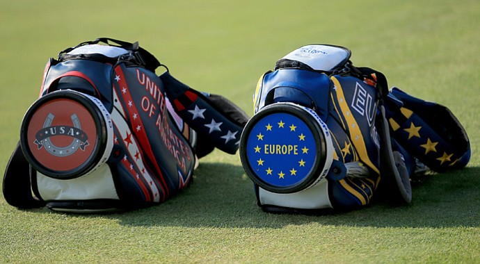 USA and Europe golf bags during the afternoon fourball matches for the 2013 Solheim Cup at The Colorado Golf Club.