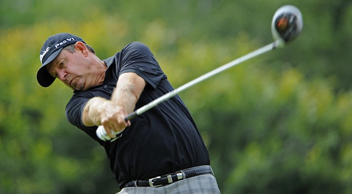 Bart Bryant tees off on the 9th hole during the final round of the Dick's Sporting Goods Open.