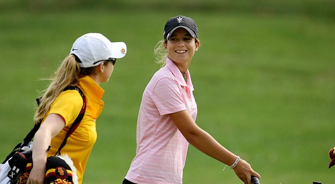 Arizona State's Noemi Jimenez (right) talks with USC's Rachel Morris during the 2013 NCAA Championship.