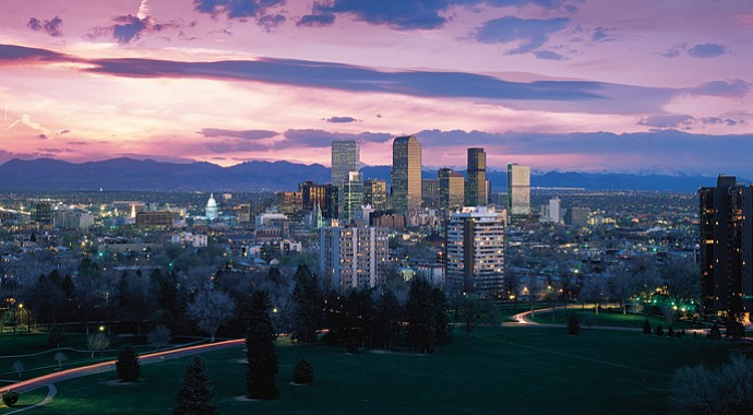 The beautiful Denver skyline as night falls.