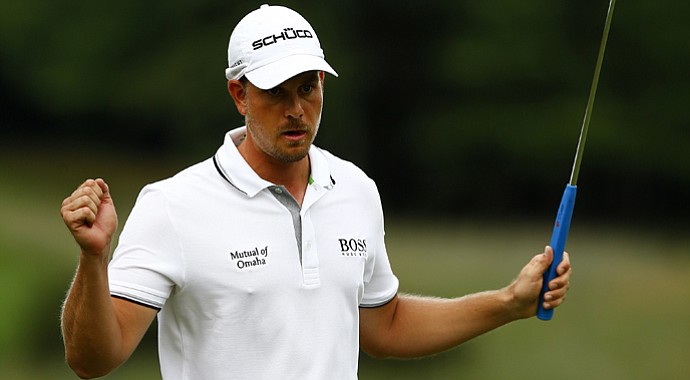 Henrik Stenson reacts after putting for birdie on the 11th green during the final round of the Deutsche Bank Championship at TPC Boston.