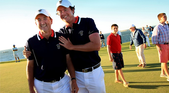 Mid-amateurs Todd White, left, and Nathan Smith won their Sunday singles matches at the Walker Cup. Smith's point clinched an American victory.