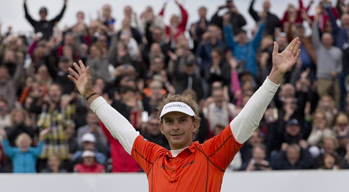 Joost Luiten celebrates winning the KLM Open after defeating Miguel Angel Jimenez in a playoff.