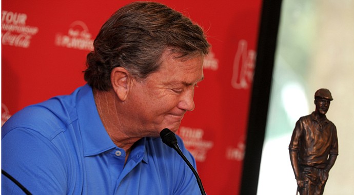 Peter Jacobsen collects himself after being presented with the Payne Stewart Award.