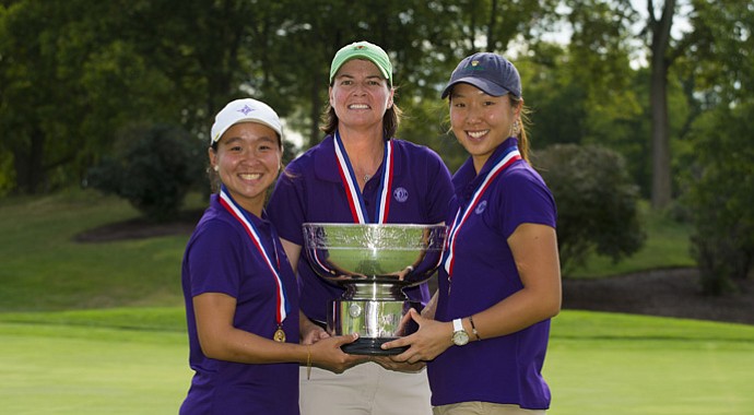 Cindy Ha, Tara Fleming and Alice Chen hoist the trophy for New Jersey at the U.S. Women's State Team Championship.